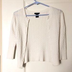 White cable knit button up cardigan sweater
